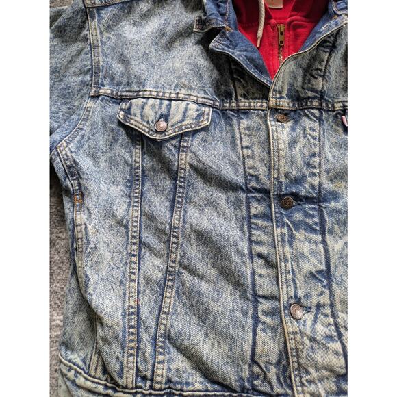 VTG 80s Levis Denim Trucker Jacket Acid Wash Fleece Hood - Medium Made in Canada - Picture 9 of 16